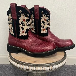 Ariat Heeled Boots in Red and Black with Vintage Floral Design